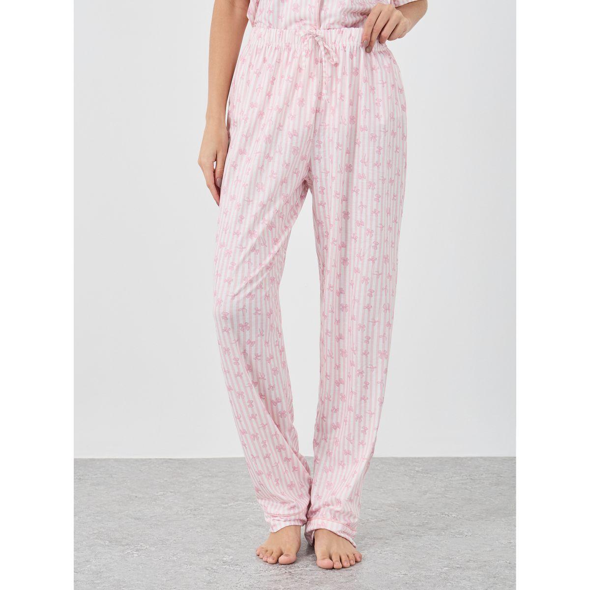 Styli Women Pink Stripe and Bow Print Piped Shirt and Pyjama Set-women-clothing-nightwear-pyjamas-longsets-image-6
