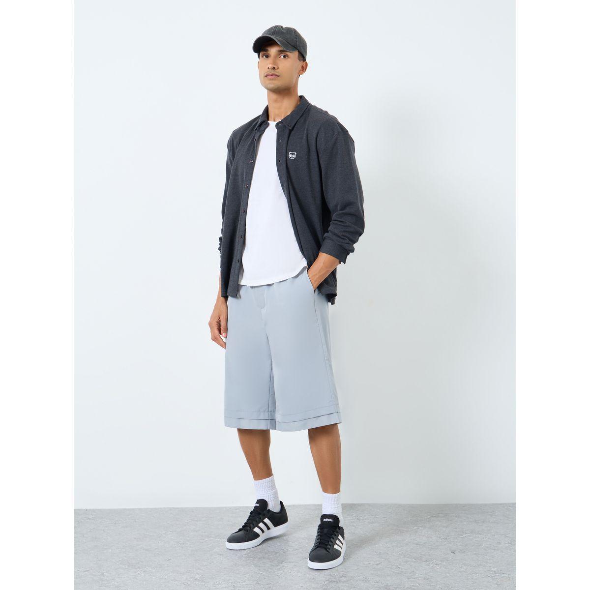 Styli Men Grey Oversized Solid Shorts with Drawstring-men-clothing-bottoms-shorts-image-2