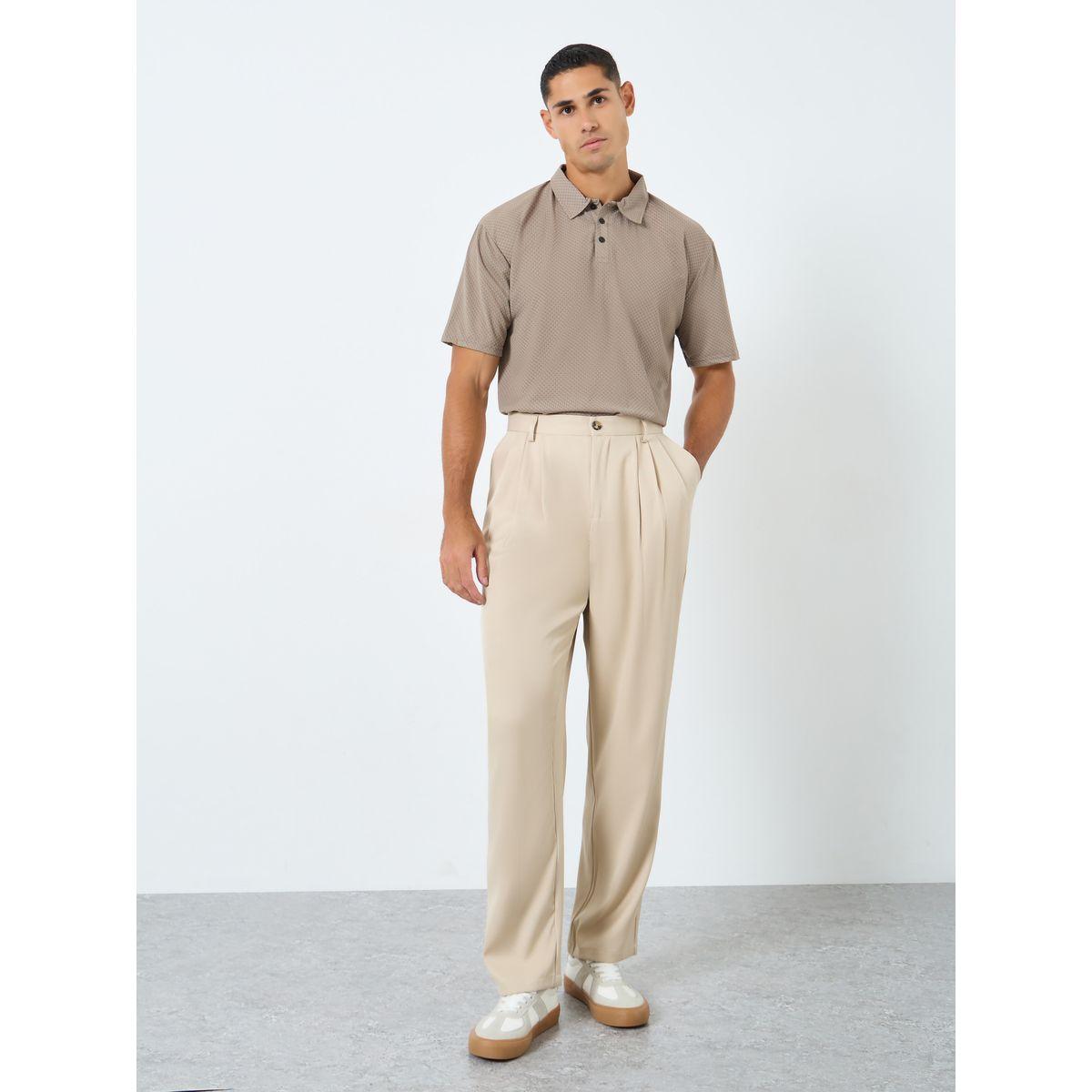 Styli Men Cream Relaxed Fit Pleated Trousers-men-clothing-bottoms-trousersandchinos-trousers-image-2