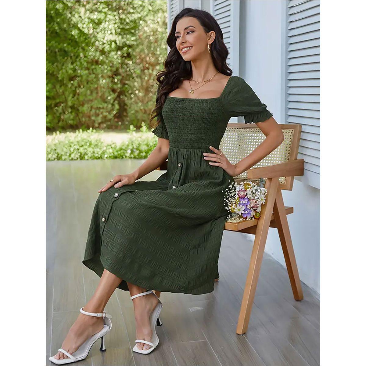 Styli Solid Short Sleeve Knee Length Dress with Smocked Detail-women-clothing-dresses-image-1