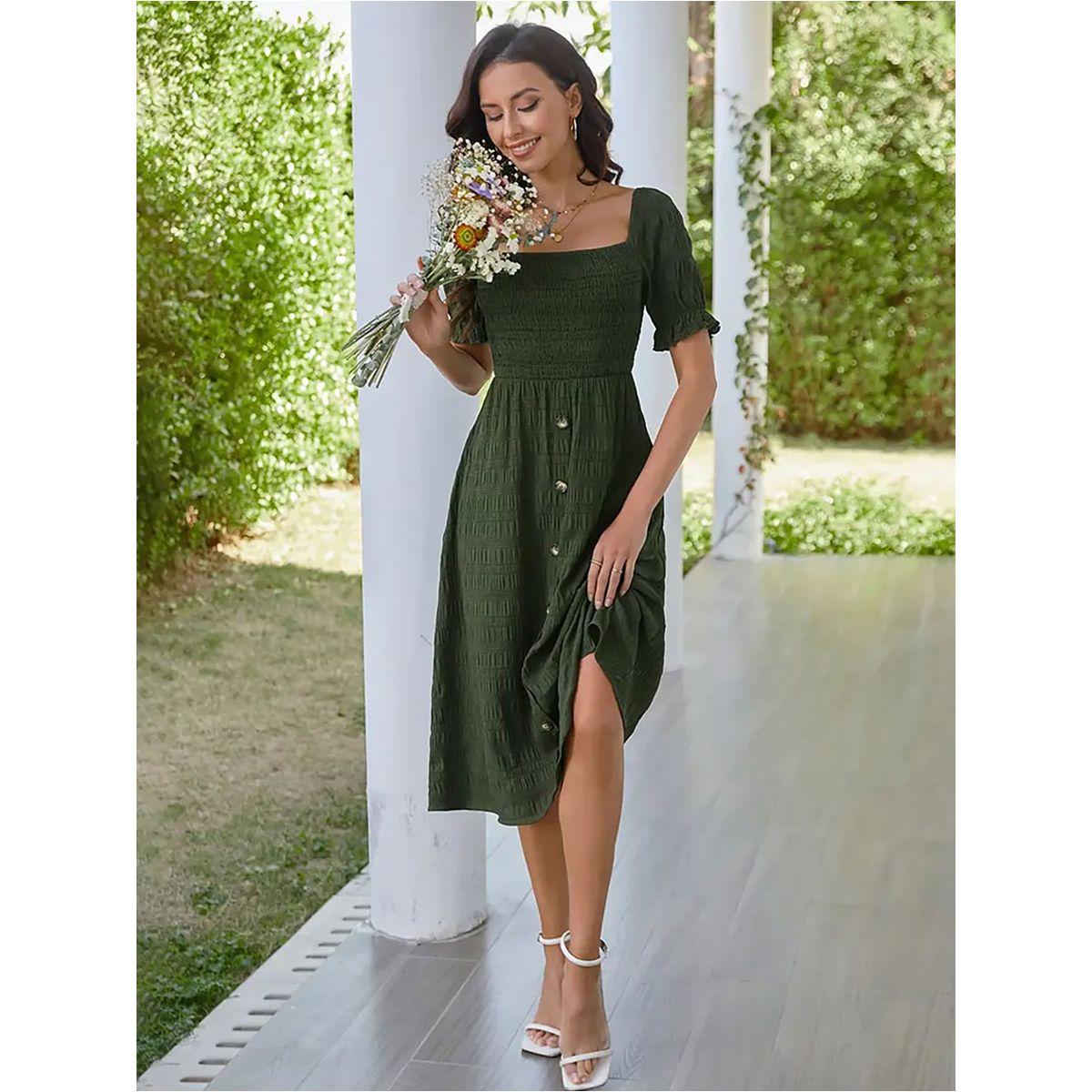 Styli Solid Short Sleeve Knee Length Dress with Smocked Detail-women-clothing-dresses-image-2