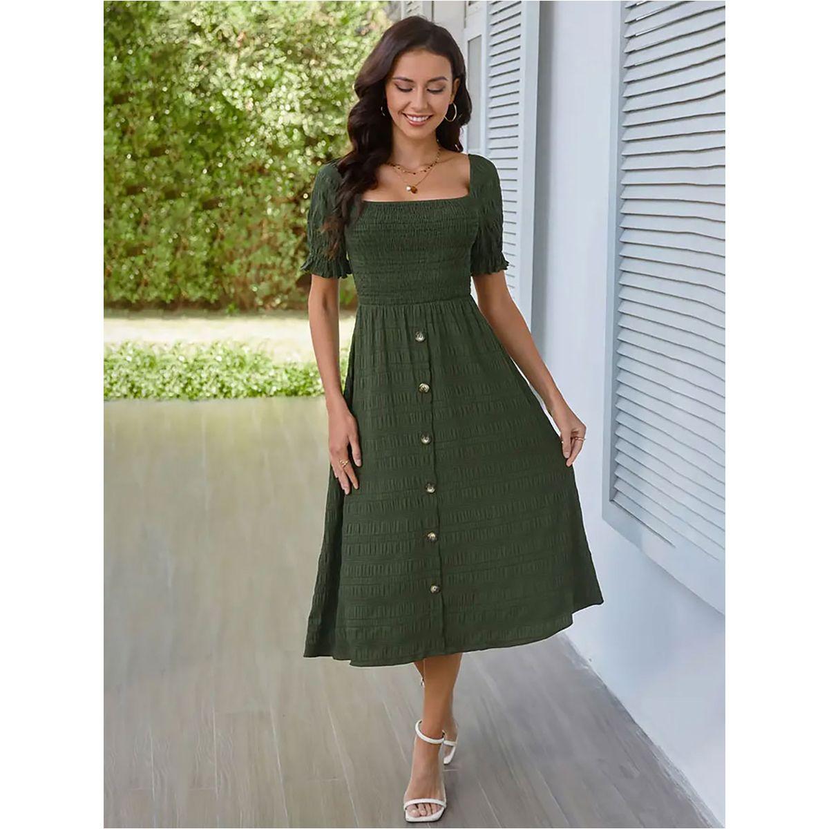 Styli Solid Short Sleeve Knee Length Dress with Smocked Detail-women-clothing-dresses-image-3