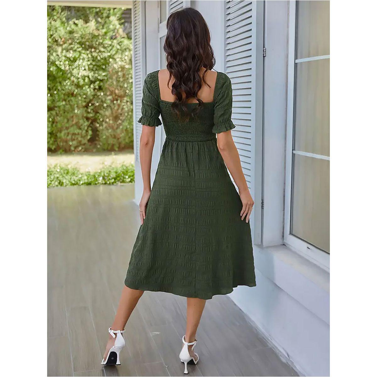 Styli Solid Short Sleeve Knee Length Dress with Smocked Detail-women-clothing-dresses-image-5