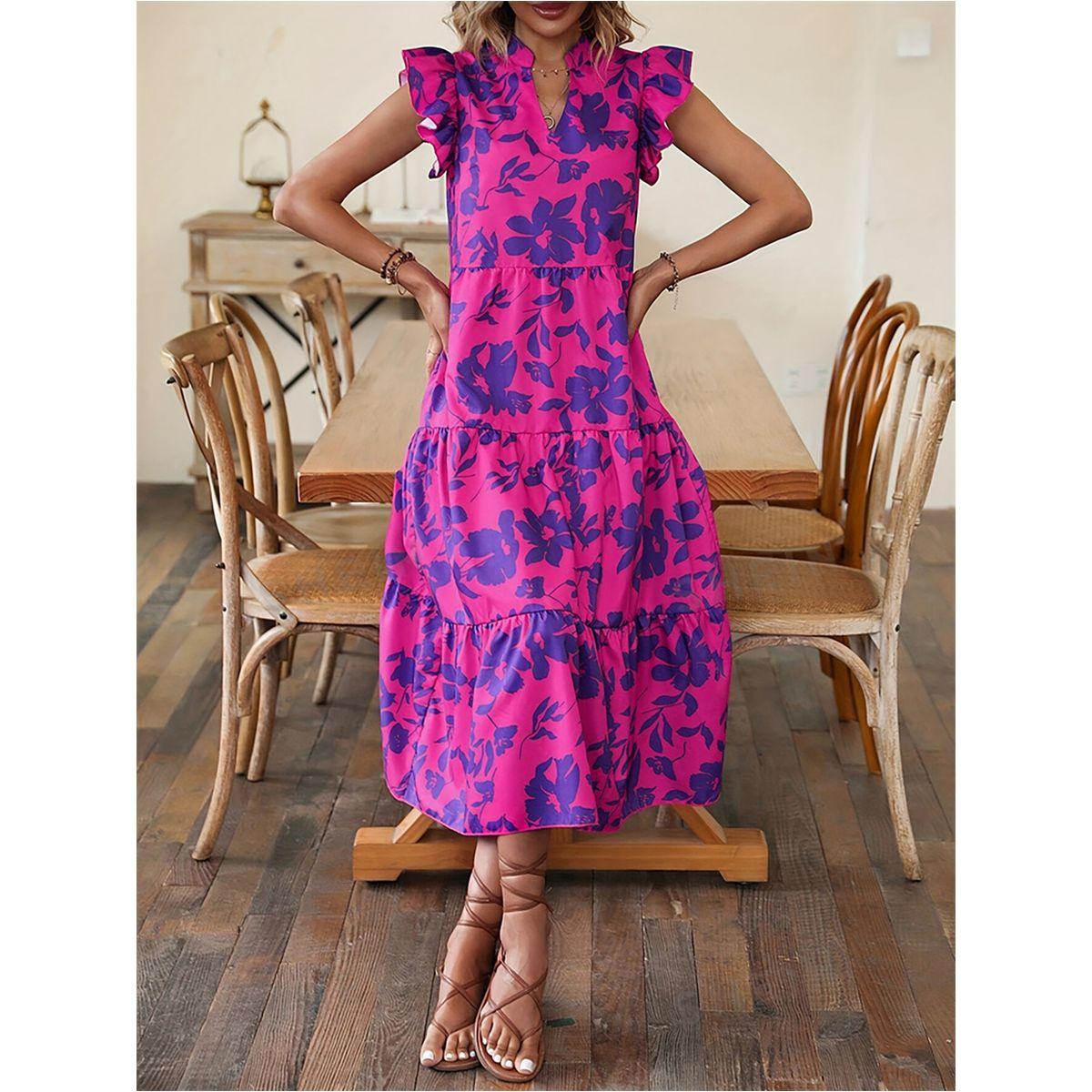 فستان ميدي بطبعة زهور وأكمام بكشكش-women-clothing-dresses-image-1