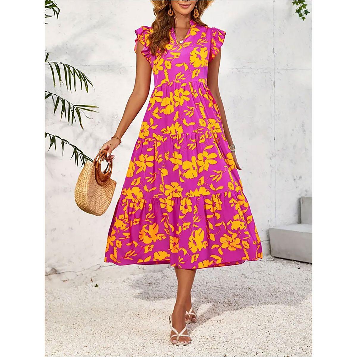 فستان ميدي بطبعة زهور وأكمام بكشكش-women-clothing-dresses-image-1
