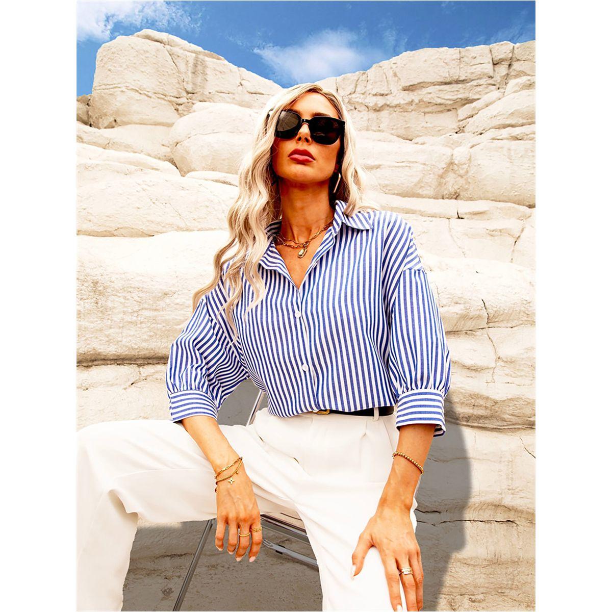 Styli Striped Button Up Spread Collar Shirt-women-clothing-shirtsandblouses-shirts-image-1