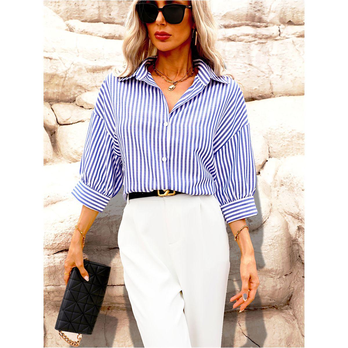 Styli Striped Button Up Spread Collar Shirt-women-clothing-shirtsandblouses-shirts-image-2