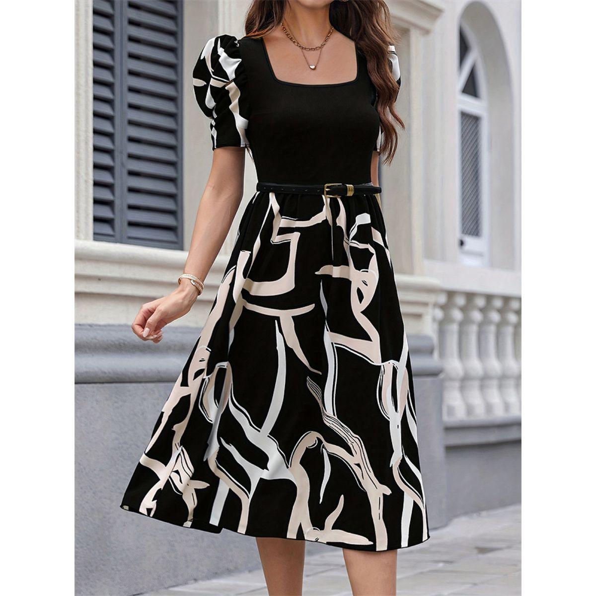 Styli Printed Puff Sleeve Belted Knee-Length Dress-women-clothing-dresses-image-1