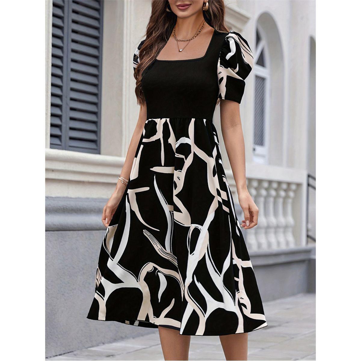 Styli Printed Puff Sleeve Belted Knee-Length Dress-women-clothing-dresses-image-5
