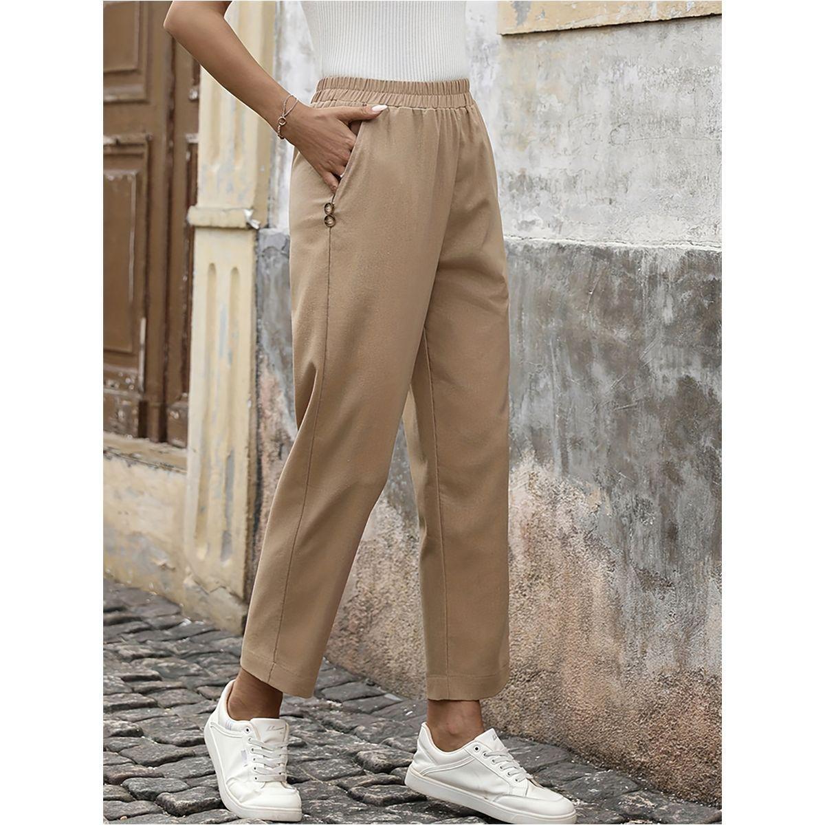 بنطال سادة بقصة سائبة وخصر مطاطي-women-clothing-bottoms-trousers-image-3