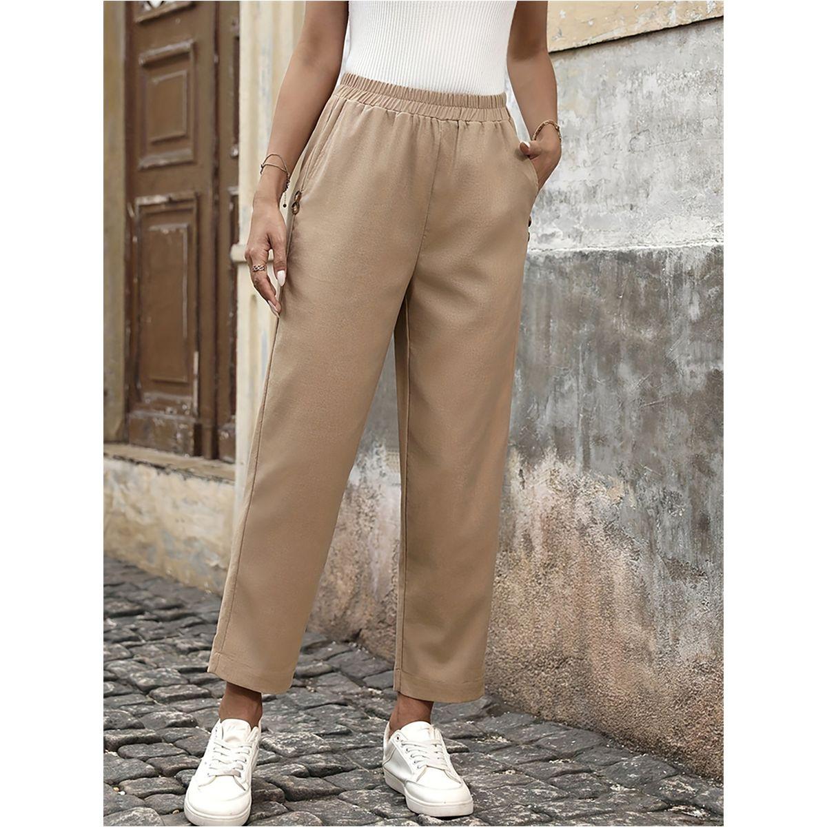 بنطال سادة بقصة سائبة وخصر مطاطي-women-clothing-bottoms-trousers-image-2