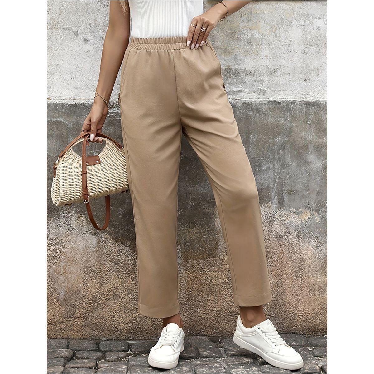بنطال سادة بقصة سائبة وخصر مطاطي-women-clothing-bottoms-trousers-image-1