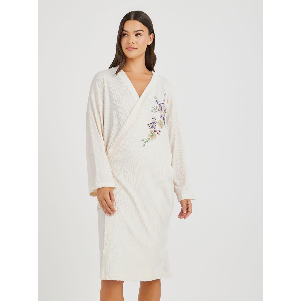 Styli Embroidered V-Neck Knee-Length Robe-women-clothing-nightwear-robes-image-1