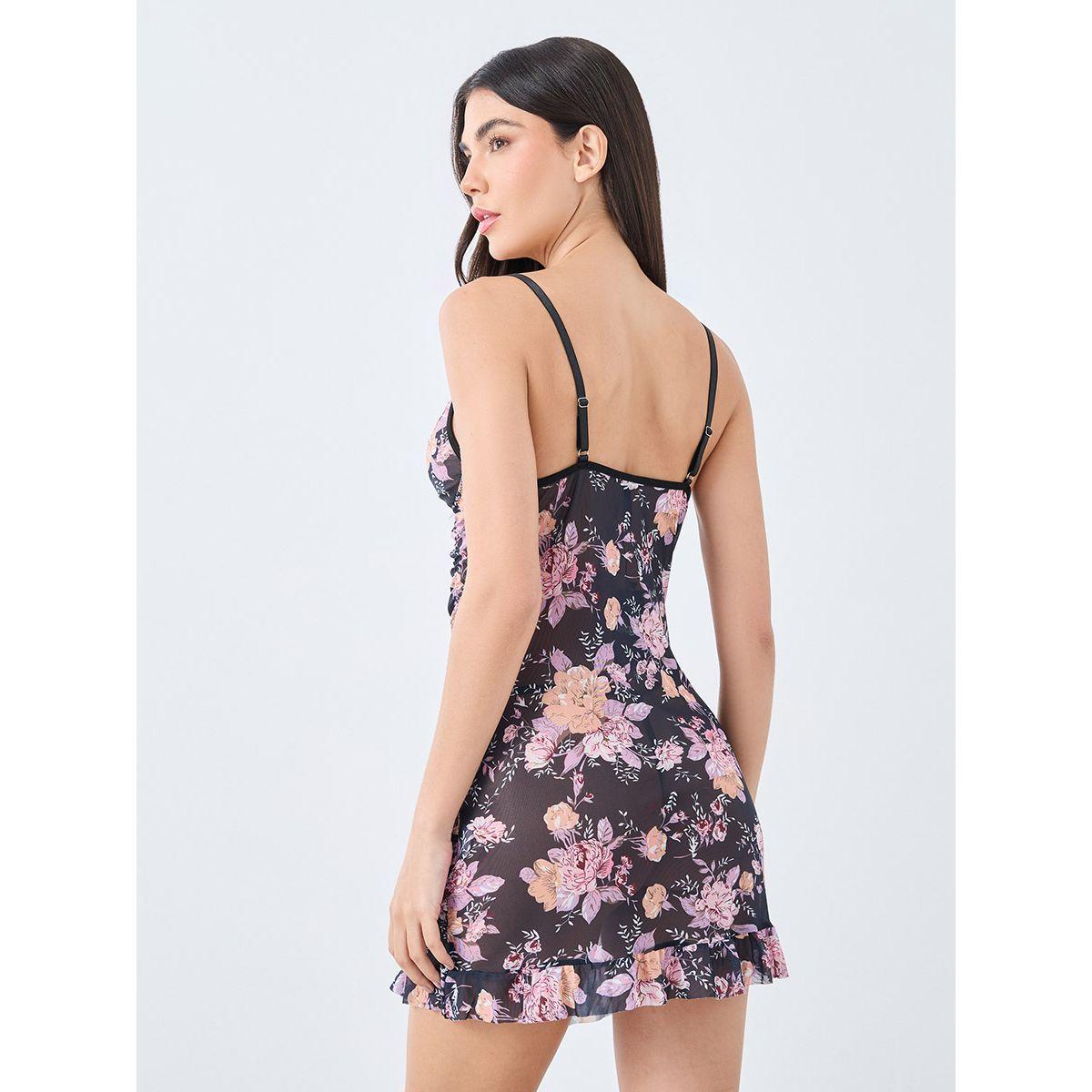 Styli Floral Print Ruched Slip Dress with Ruffled Hem-women-clothing-lingerie-babydollsandbodysuits-image-3