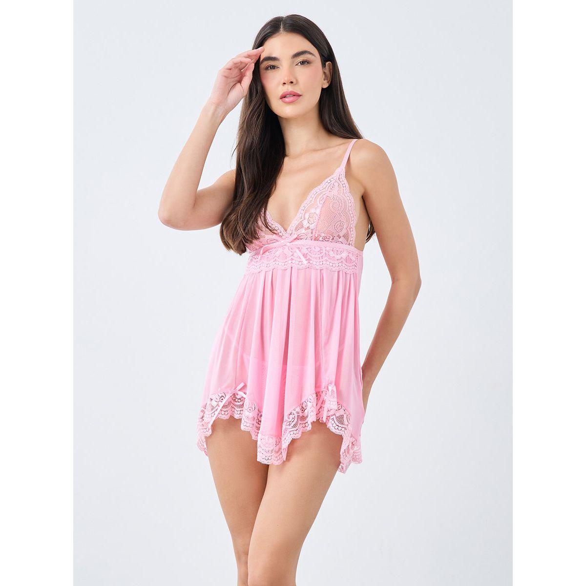 Styli Lace Panel Handkerchief Hem Babydoll with Thong-women-clothing-lingerie-babydollsandbodysuits-image-1