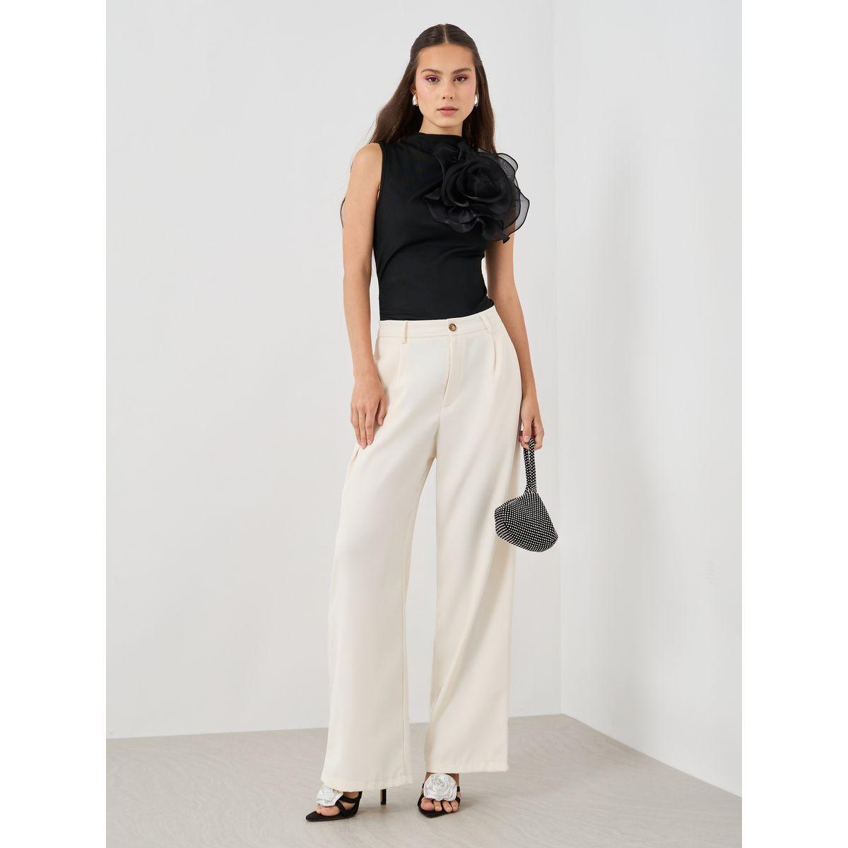 Styli Women Off White Solid Wide Leg Pants with Belt Loops-women-clothing-bottoms-trousers-image-1
