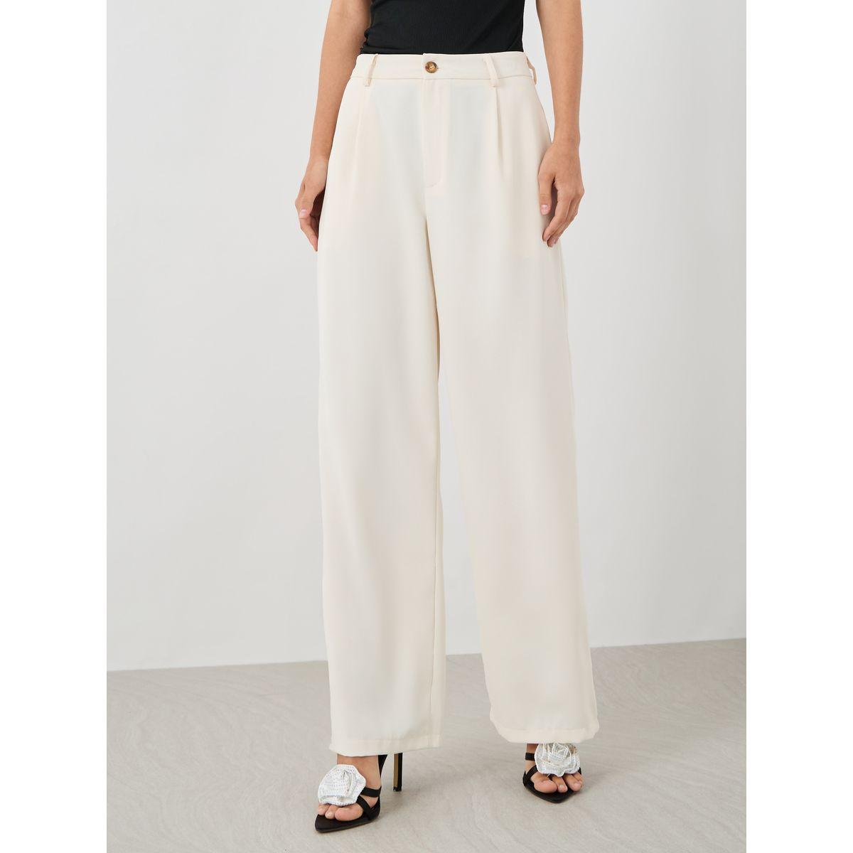Styli Women Off White Solid Wide Leg Pants with Belt Loops-women-clothing-bottoms-trousers-image-2