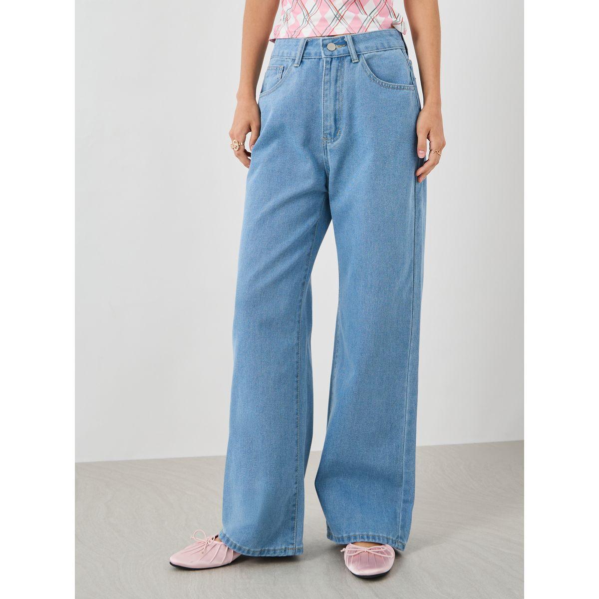 جينز سادة بأرجل واسعة وخصر متوسط-women-clothing-bottoms-jeans-image-2