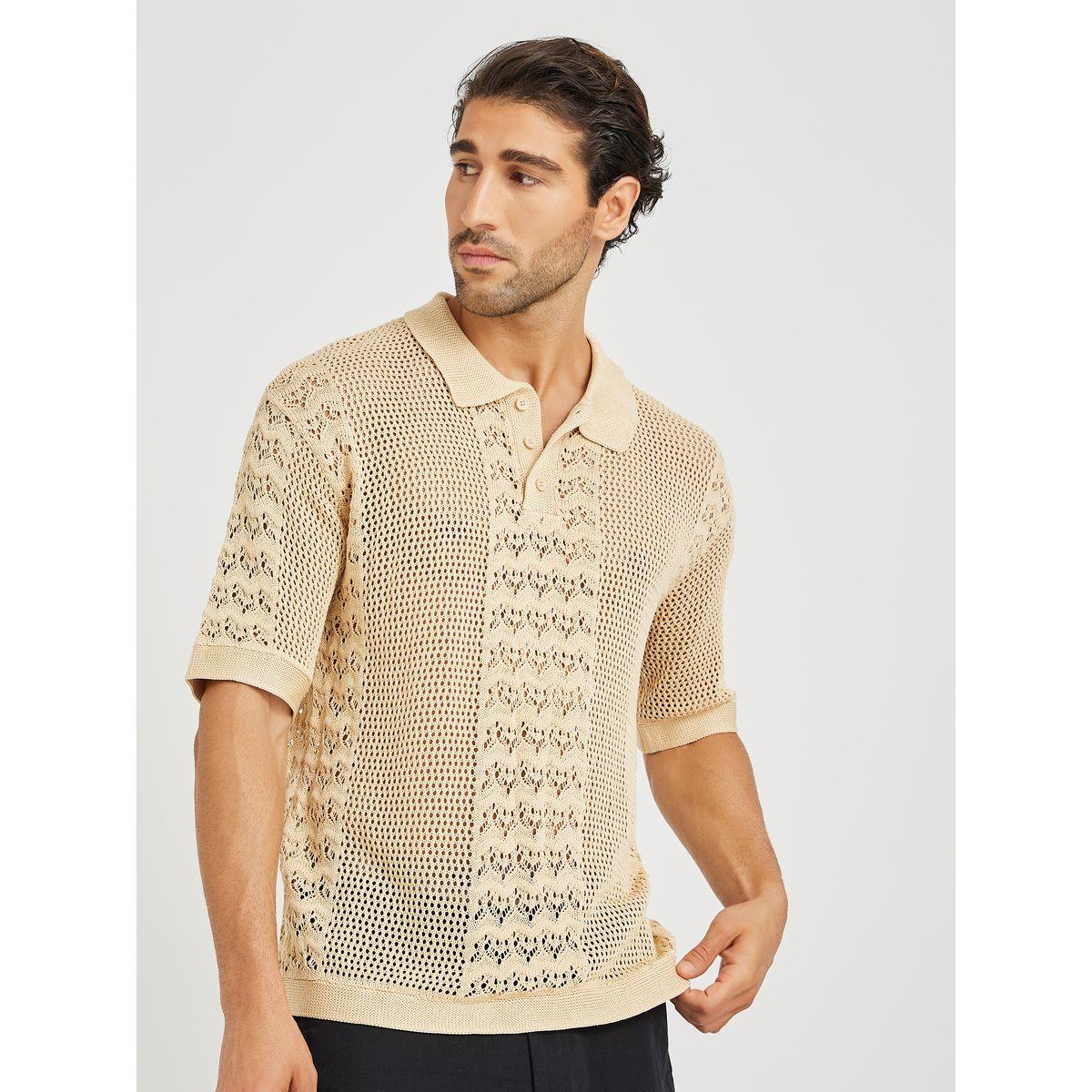 Styli Men Beige Crochet Short Sleeve Relaxed Fit Polo T-Shirt-men-clothing-tshirtsandpolos-polos-image-1