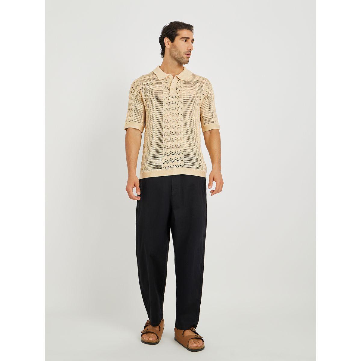 Styli Men Beige Crochet Short Sleeve Relaxed Fit Polo T-Shirt-men-clothing-tshirtsandpolos-polos-image-2
