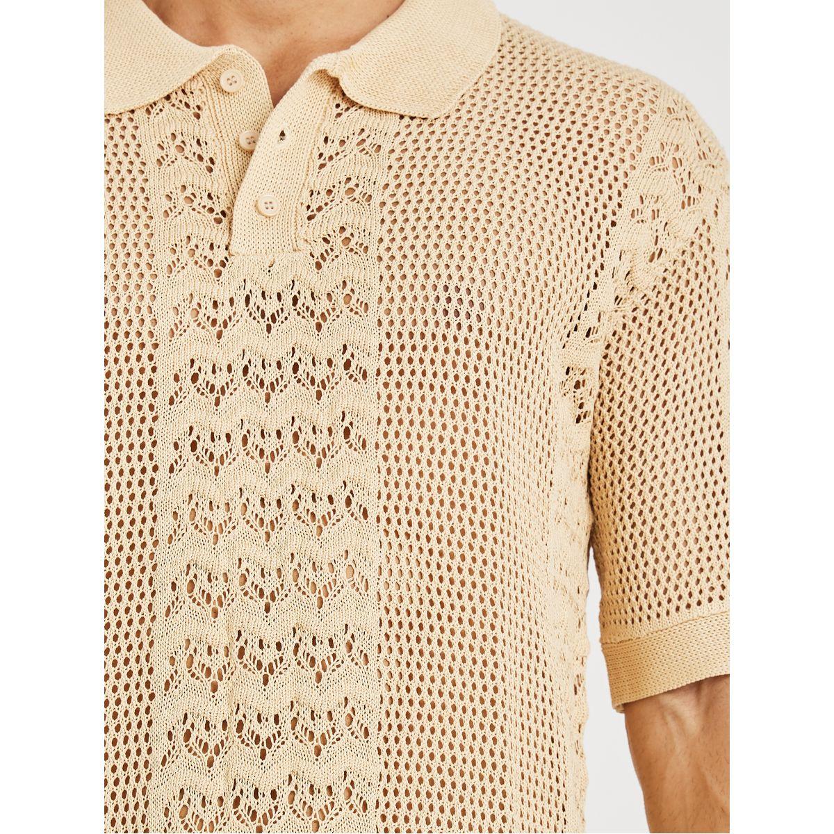 Styli Men Beige Crochet Short Sleeve Relaxed Fit Polo T-Shirt-men-clothing-tshirtsandpolos-polos-image-3