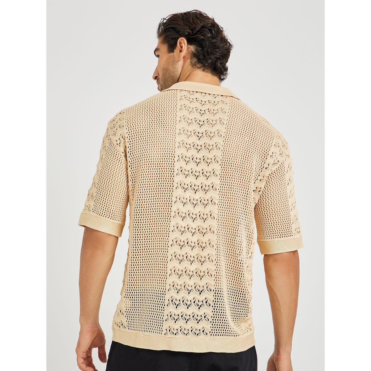 Styli Men Beige Crochet Short Sleeve Relaxed Fit Polo T-Shirt-men-clothing-tshirtsandpolos-polos-image-4
