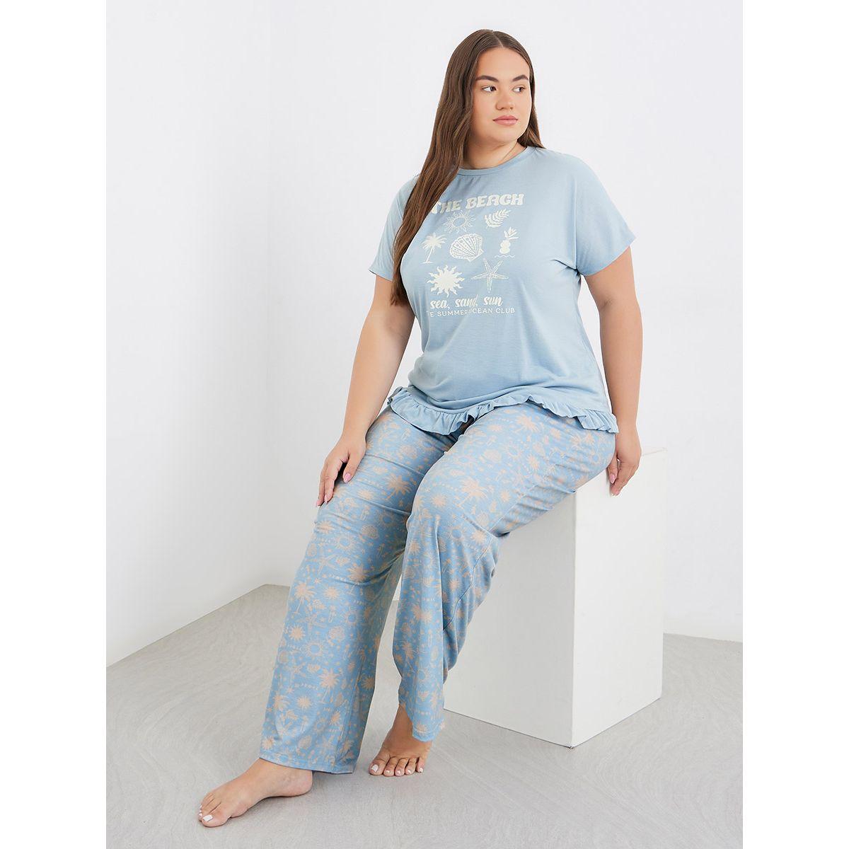 Styli Plus Beach Graphics Ruffle Hem T-Shirt and Pyjama Set-women-clothing-nightwear-pyjamas-longsets-image-1
