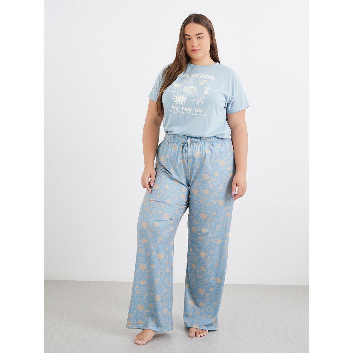 Styli Plus Beach Graphics Ruffle Hem T-Shirt and Pyjama Set-women-clothing-nightwear-pyjamas-longsets-image-2