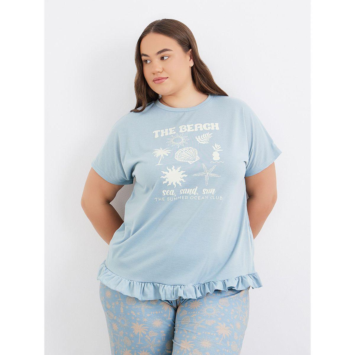 Styli Plus Beach Graphics Ruffle Hem T-Shirt and Pyjama Set-women-clothing-nightwear-pyjamas-longsets-image-3