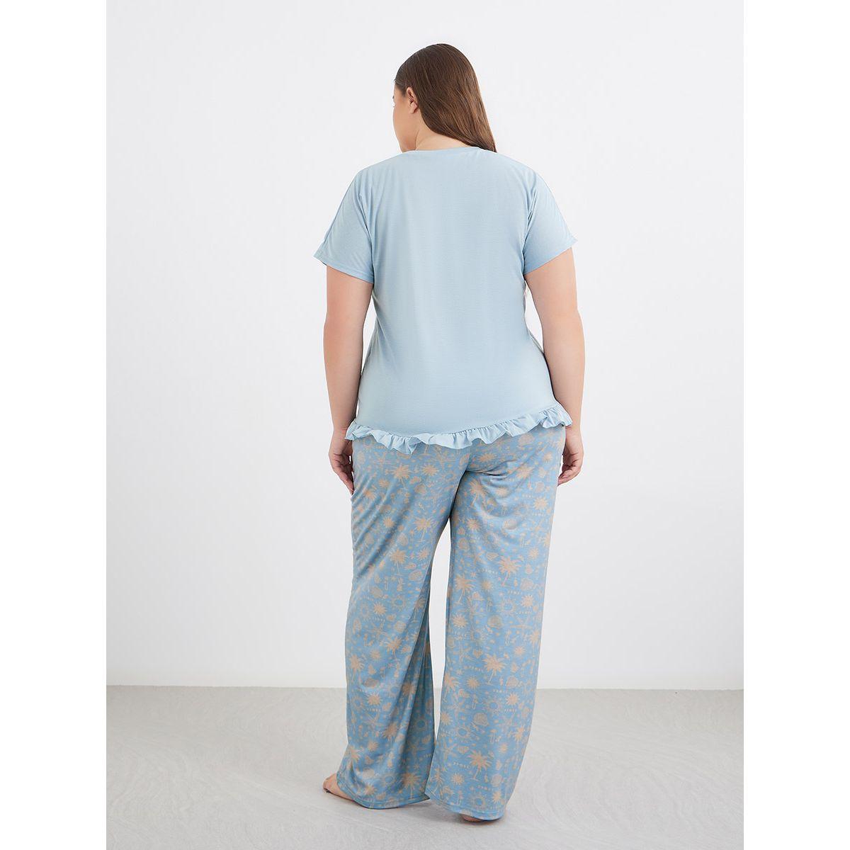 طقم من بنطال بيجاما وتيشيرت بمقاس كبير بطبعة جرافيك وحافة كشكش-women-clothing-nightwear-pyjamas-longsets-image-5