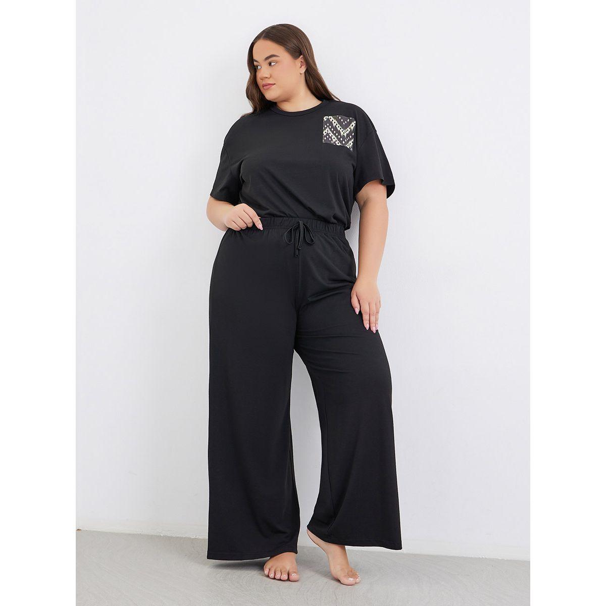 Styli Plus Size Mono Aztec Pocket Dropped Shoulder T-Shirt and Pyjama Set-women-clothing-nightwear-pyjamas-longsets-image-2