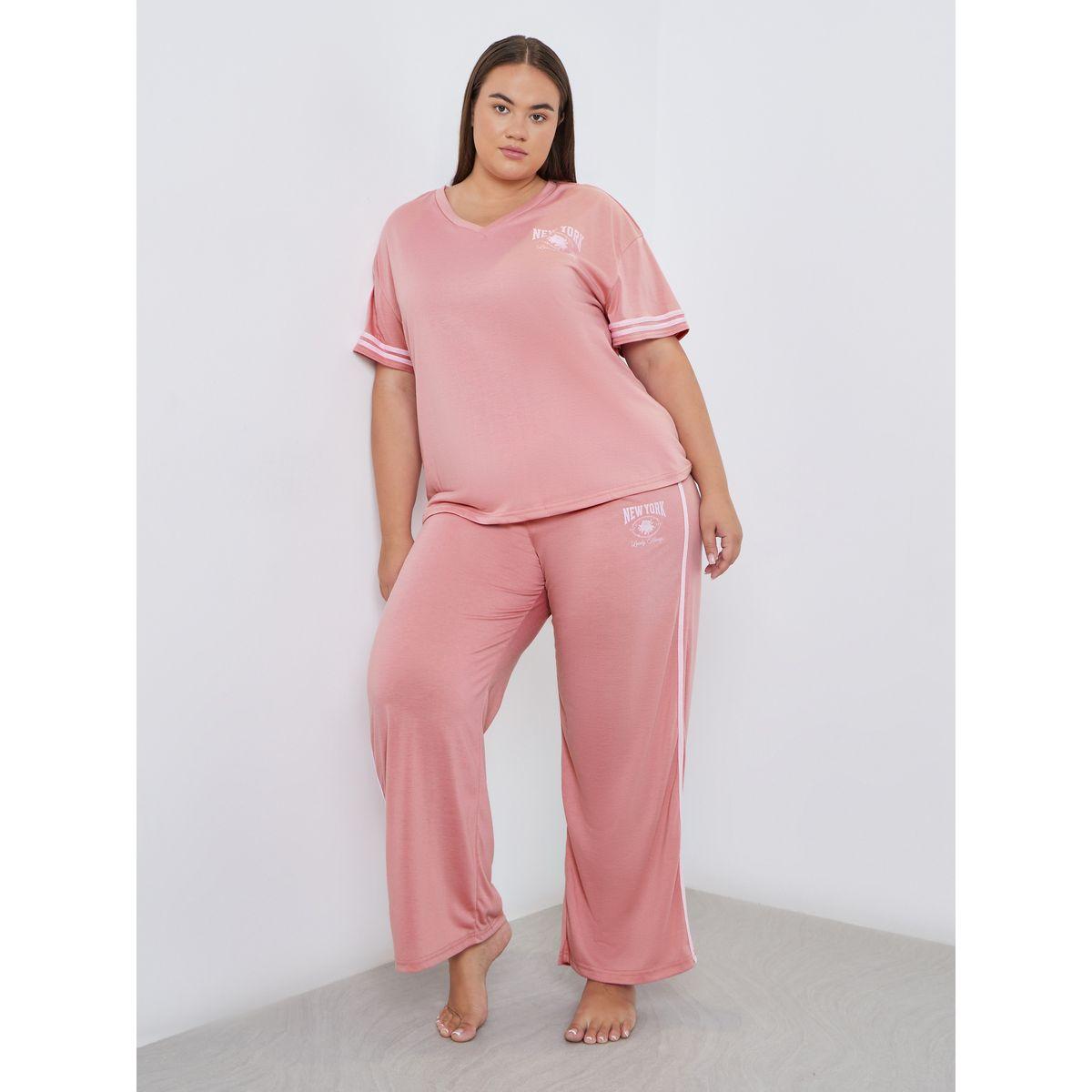 Styli Plus NY Print T-Shirt and Pyjama Set-women-clothing-nightwear-pyjamas-longsets-image-1