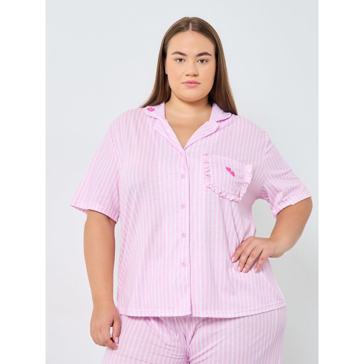 Styli Plus Size Pink Striped Shirt and Pyjama Set-women-clothing-nightwear-pyjamas-longsets-image-3