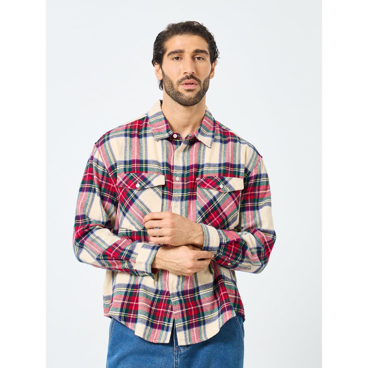 قميص بقصة بوكسي مطبع بمربعات مع جيب بطية إغلاق-men-clothing-shirts-image-3
