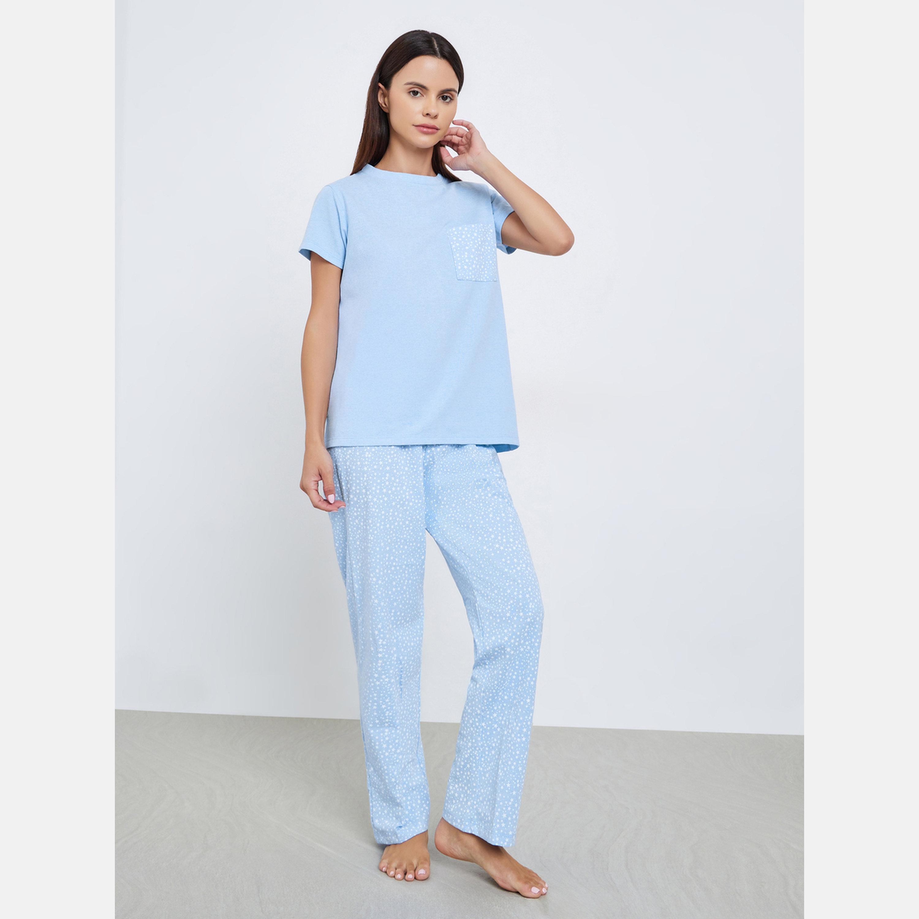 Styli Star Print Pocket T-Shirt and Pyjama Set-women-clothing-nightwear-pyjamas-longsets-image-1