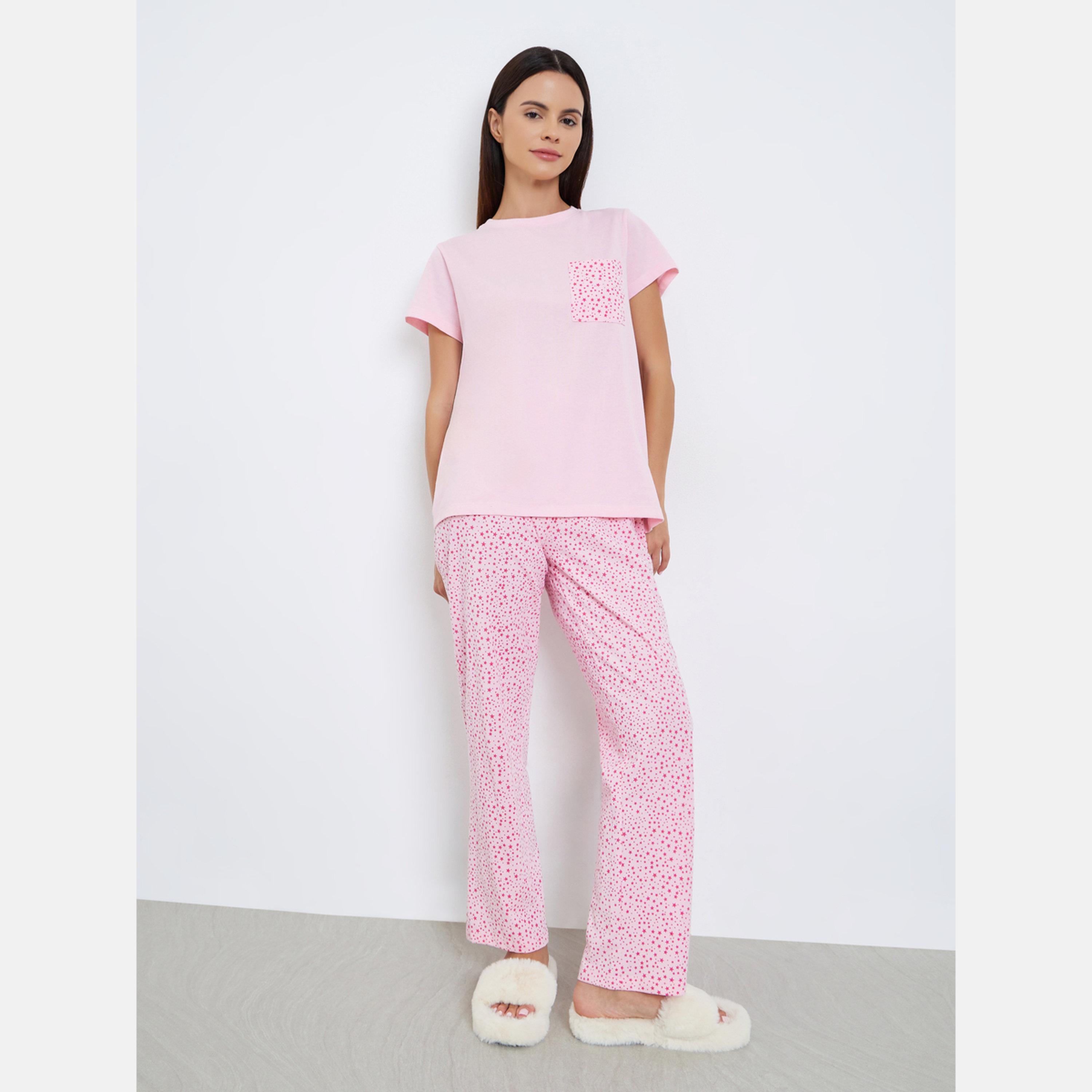 Styli Star Print Pocket T-Shirt and Pyjama Set-women-clothing-nightwear-pyjamas-longsets-image-1
