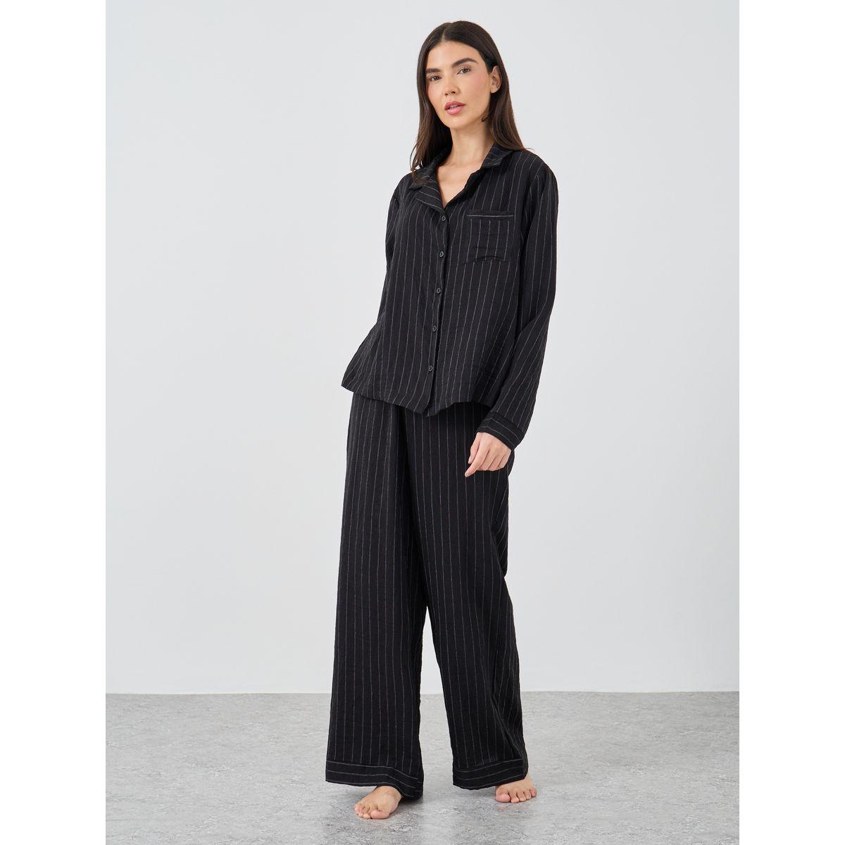 Styli Textured Striped Buttoned Shirt and Pyjama Set-women-clothing-nightwear-pyjamas-longsets-image-1