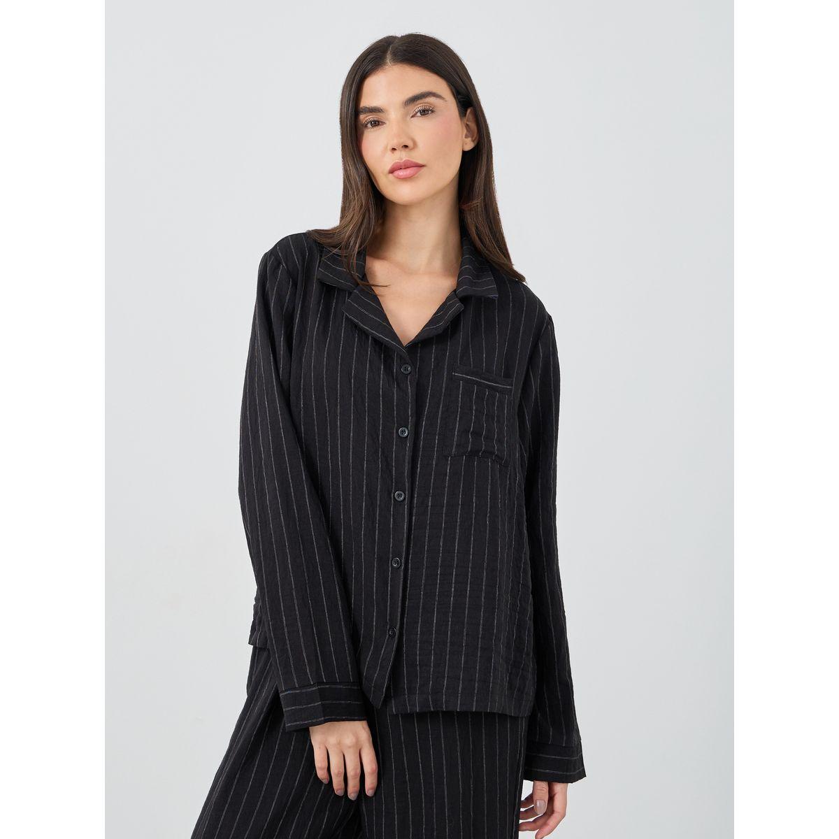Styli Textured Striped Buttoned Shirt and Pyjama Set-women-clothing-nightwear-pyjamas-longsets-image-2
