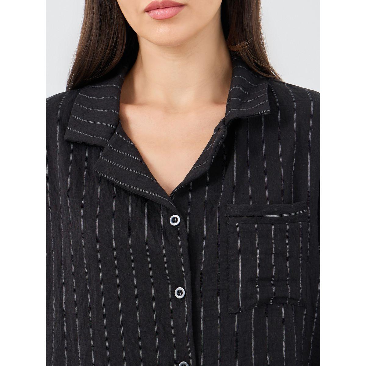 Styli Textured Striped Buttoned Shirt and Pyjama Set-women-clothing-nightwear-pyjamas-longsets-image-3