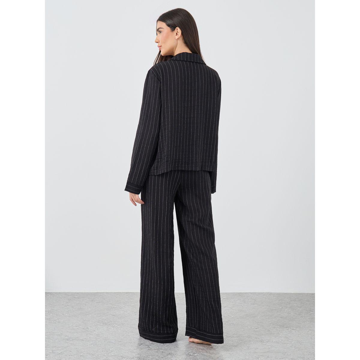 Styli Textured Striped Buttoned Shirt and Pyjama Set-women-clothing-nightwear-pyjamas-longsets-image-5