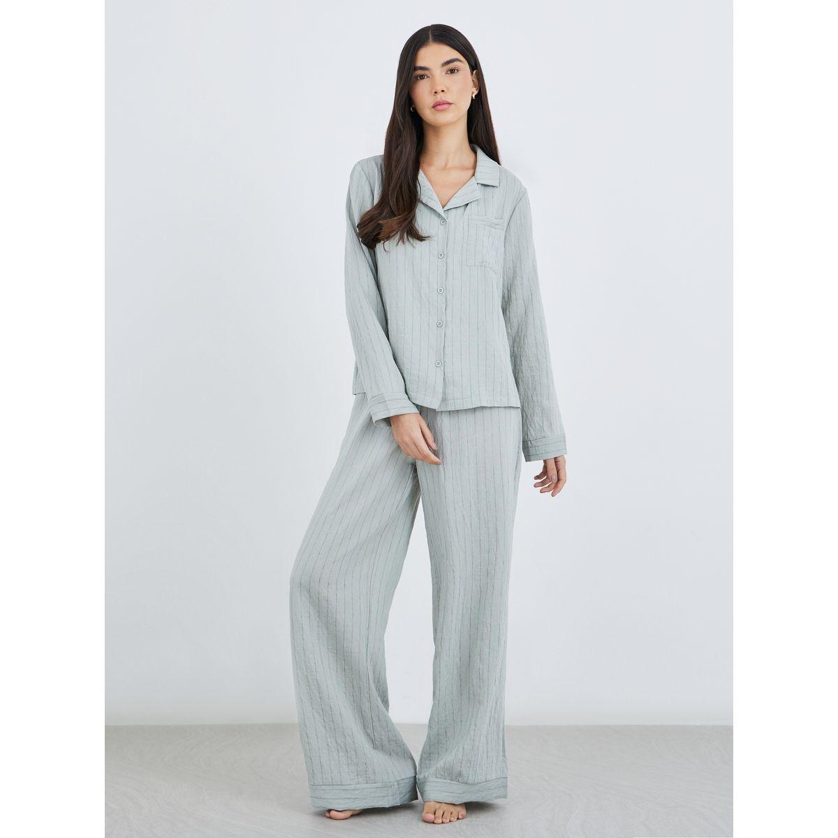Styli Textured Buttoned Striped Shirt and Pyjama Set-women-clothing-nightwear-pyjamas-longsets-image-2