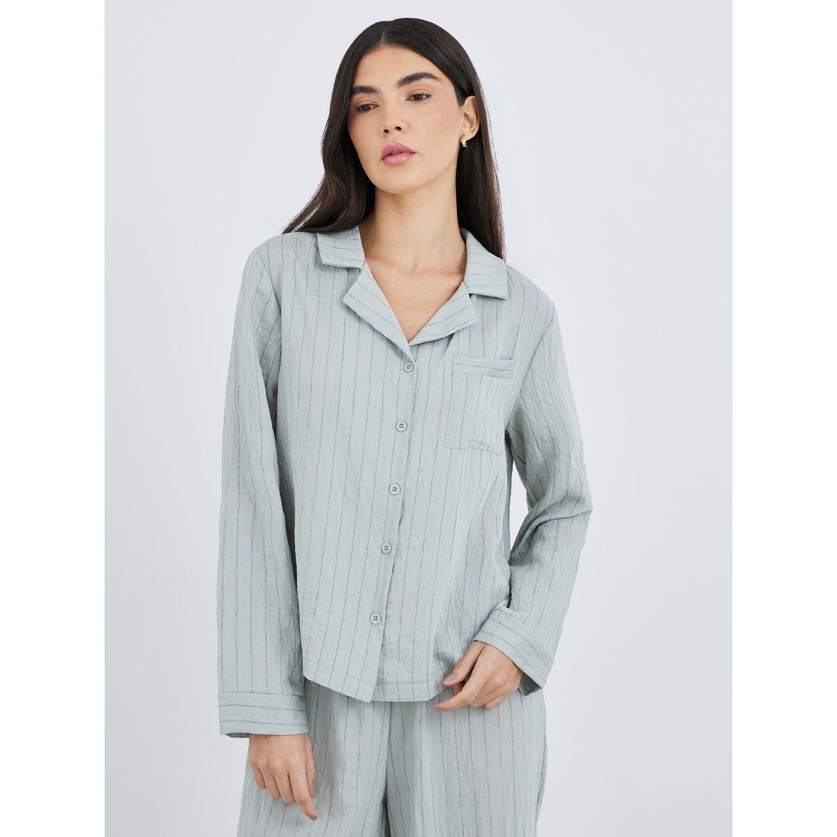 Styli Textured Buttoned Striped Shirt and Pyjama Set-women-clothing-nightwear-pyjamas-longsets-image-3