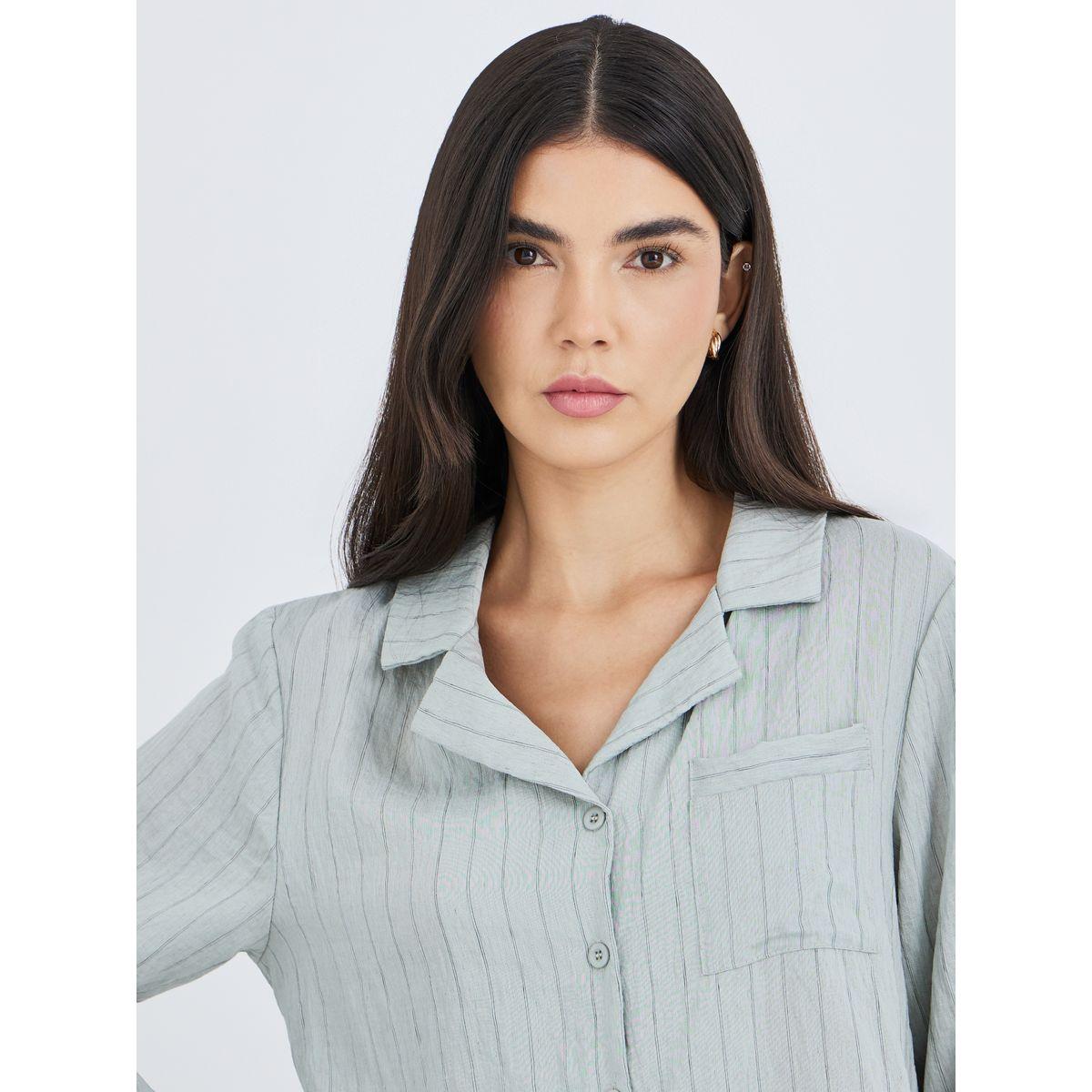 Styli Textured Buttoned Striped Shirt and Pyjama Set-women-clothing-nightwear-pyjamas-longsets-image-4