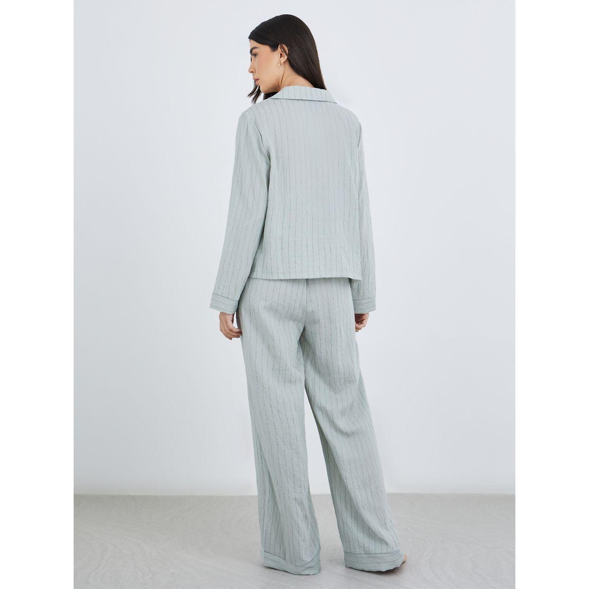 Styli Textured Buttoned Striped Shirt and Pyjama Set-women-clothing-nightwear-pyjamas-longsets-image-6