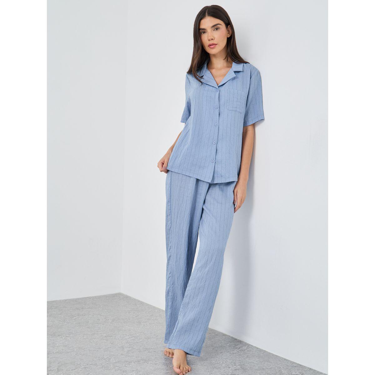 Styli Textured Striped Buttoned Shirt and Pyjama Set-women-clothing-nightwear-pyjamas-longsets-image-1