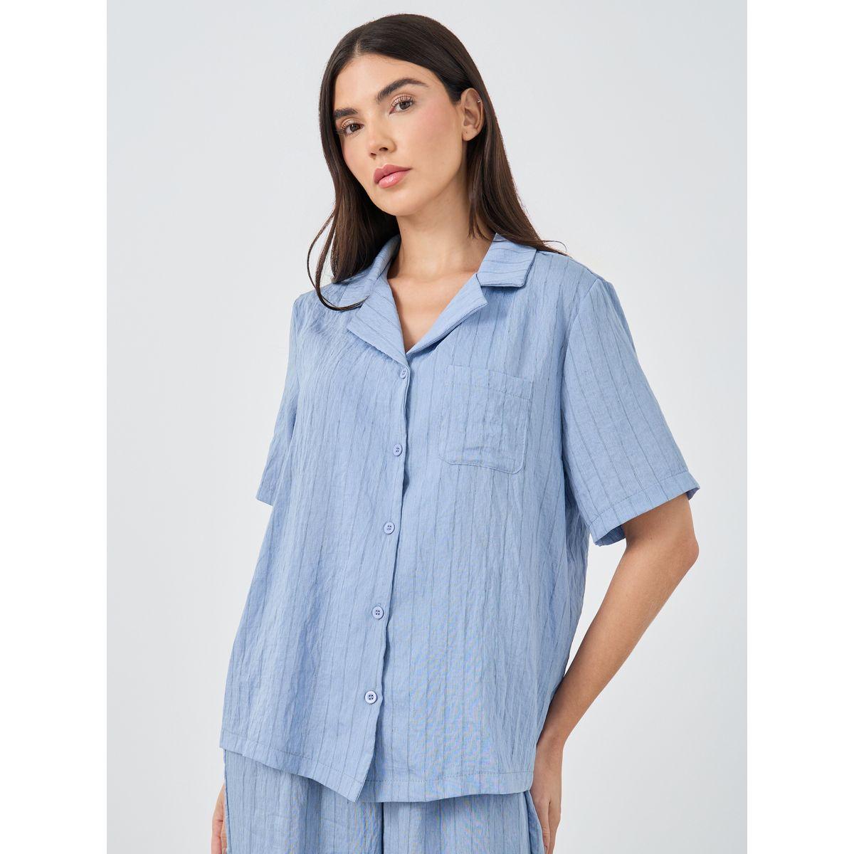 Styli Textured Striped Buttoned Shirt and Pyjama Set-women-clothing-nightwear-pyjamas-longsets-image-2