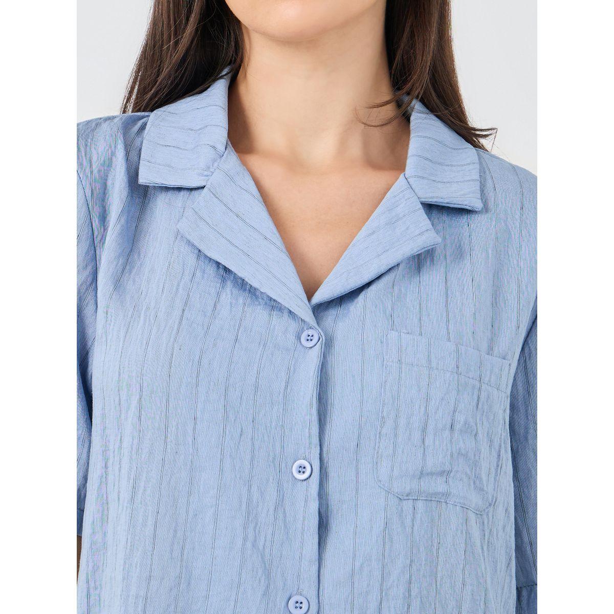 Styli Textured Striped Buttoned Shirt and Pyjama Set-women-clothing-nightwear-pyjamas-longsets-image-3