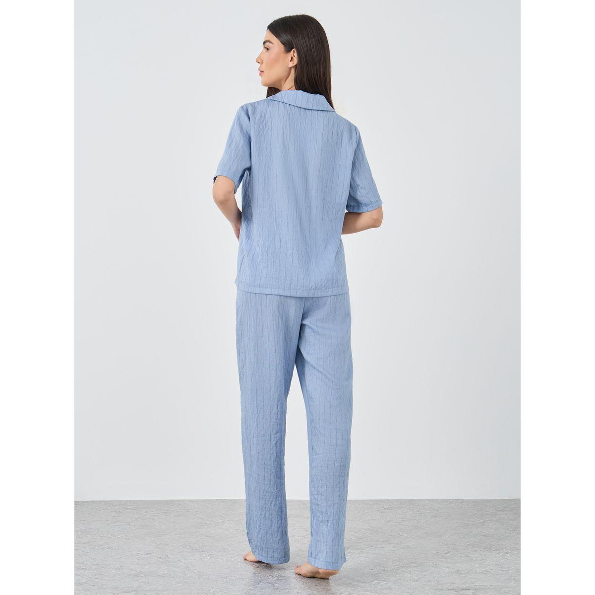 Styli Textured Striped Buttoned Shirt and Pyjama Set-women-clothing-nightwear-pyjamas-longsets-image-5