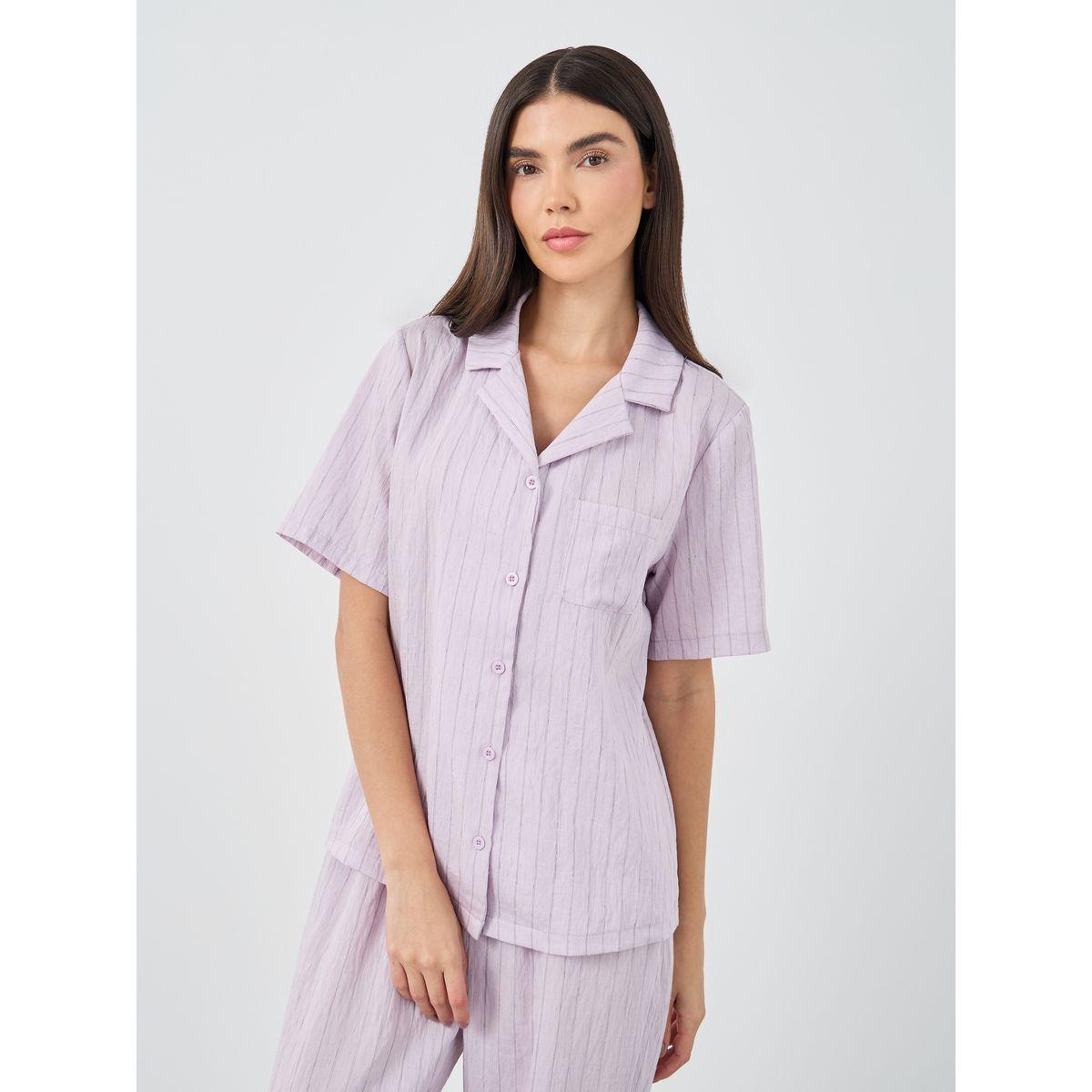 Styli Textured Striped Buttoned Shirt and Pyjama Set-women-clothing-nightwear-pyjamas-longsets-image-2