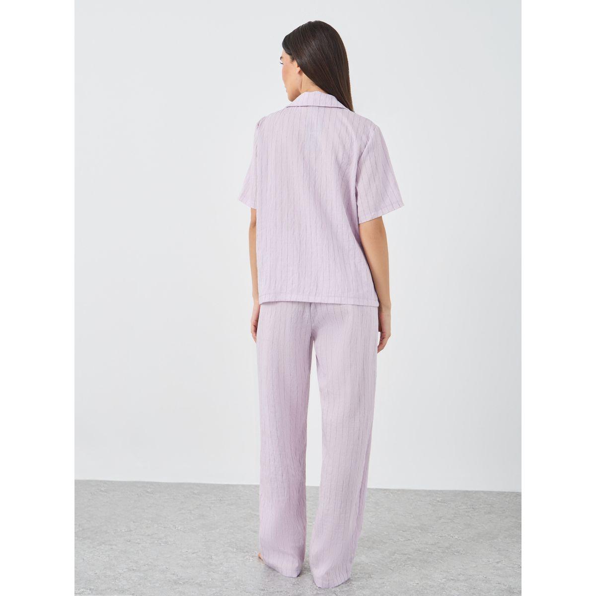 طقم من بنطال بيجاما وبلوزة مخططة بتفاصيل أزرار-women-clothing-nightwear-pyjamas-longsets-image-5